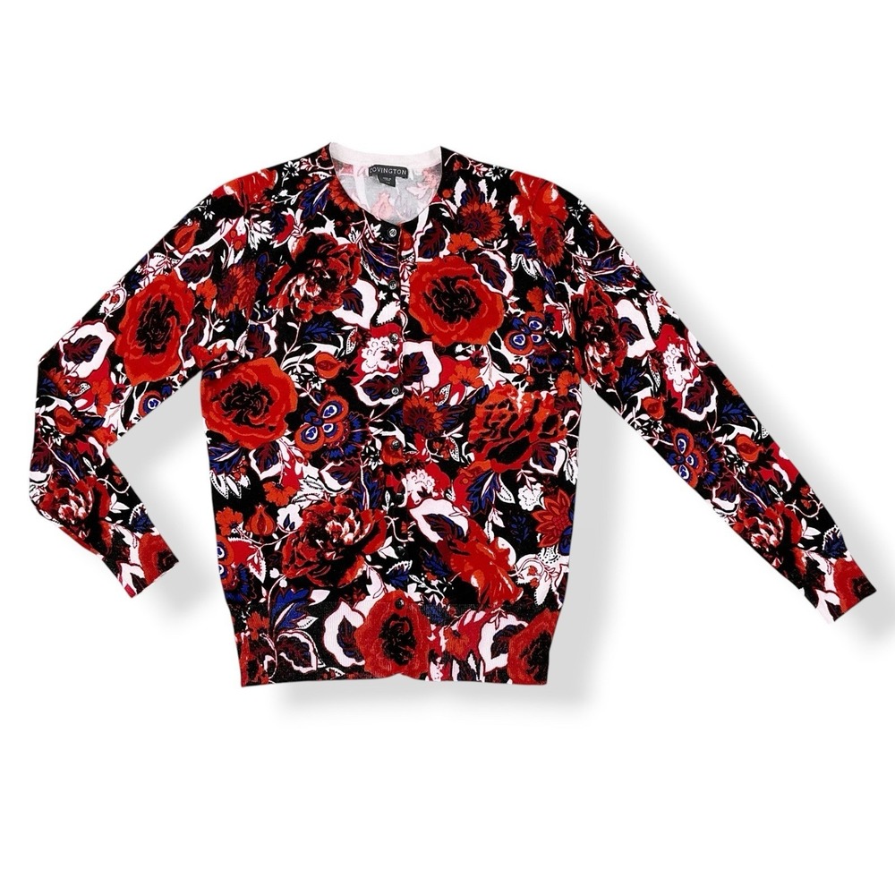Covington Cardigan Women Large Red Black Floral Long Sleeve Button Down Sweater